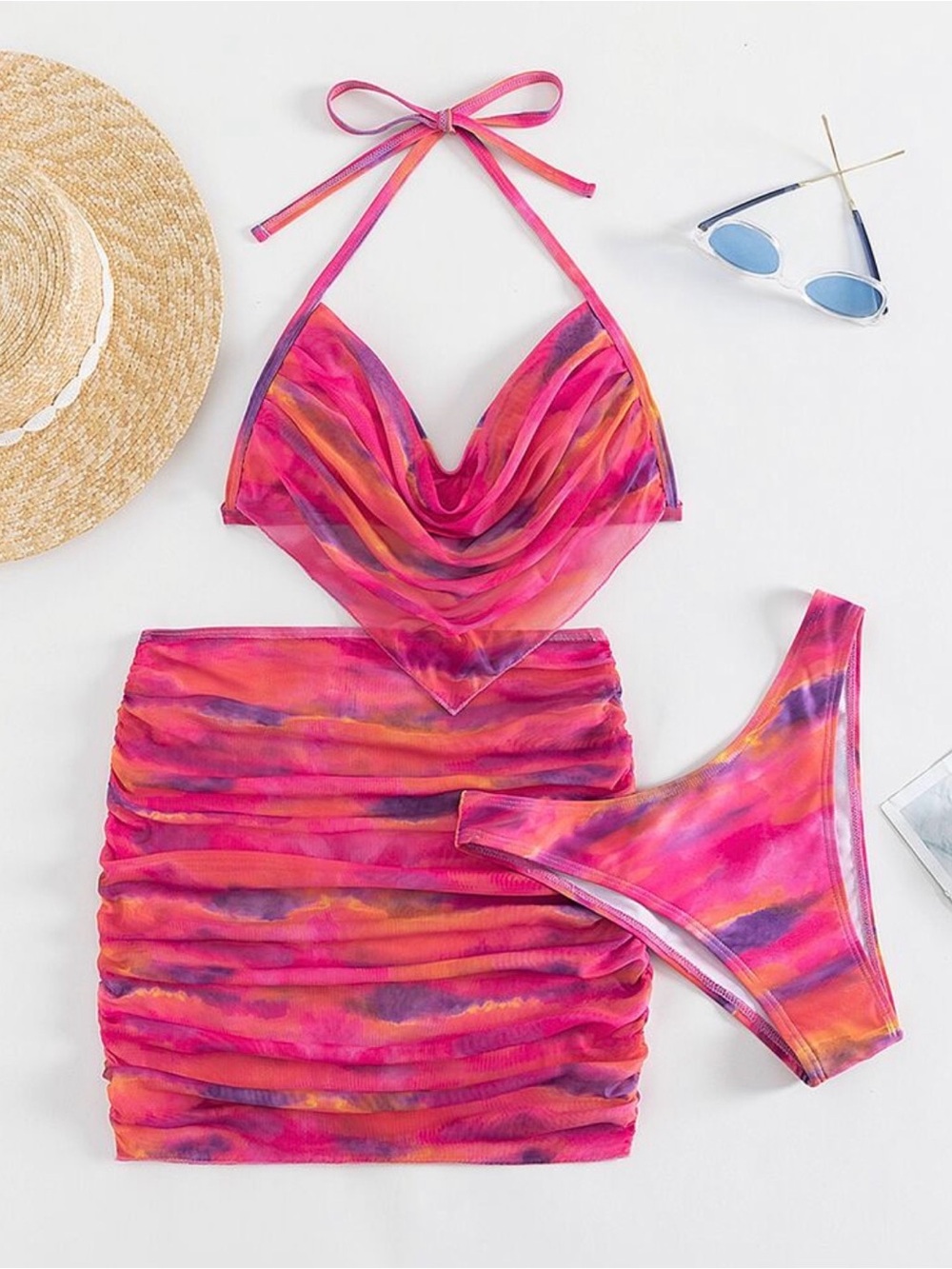 Tie-Dye Mesh Bikini Set with Ruched Skirt